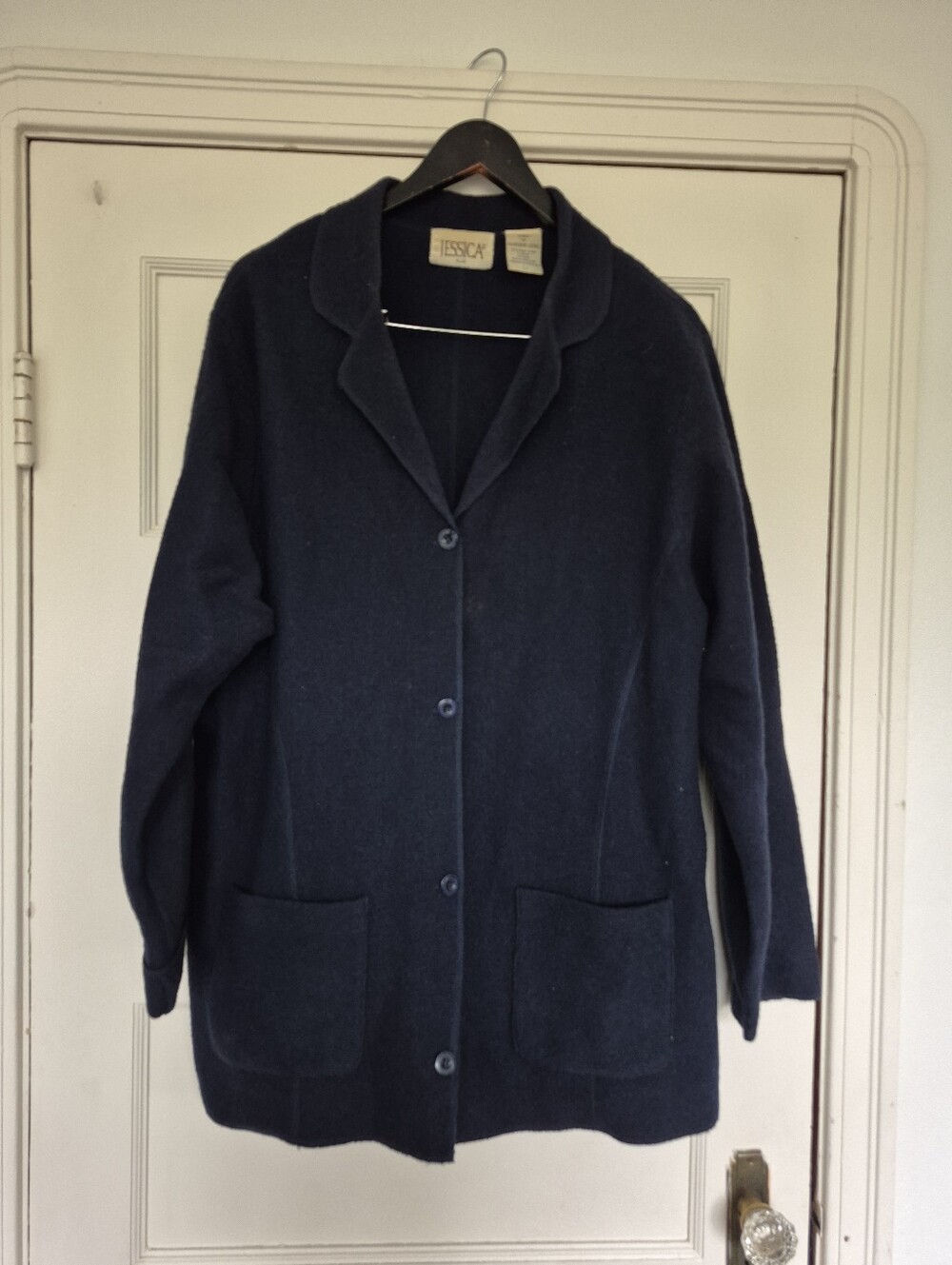 100% Boiled Wool Sweater Jacket Vintage Jessica  Navy Blue 1X